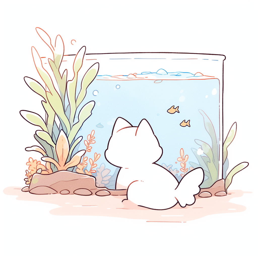 Chibi cat watching fish at aquarium, cozy fall colors.