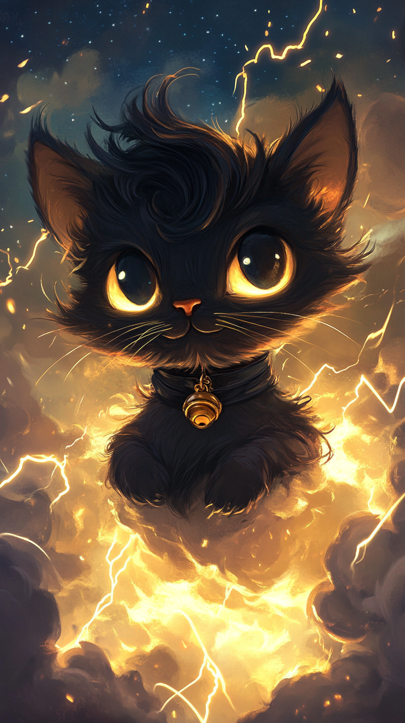 Chibi cat with lightning powers, sparking whiskers, silver fur.