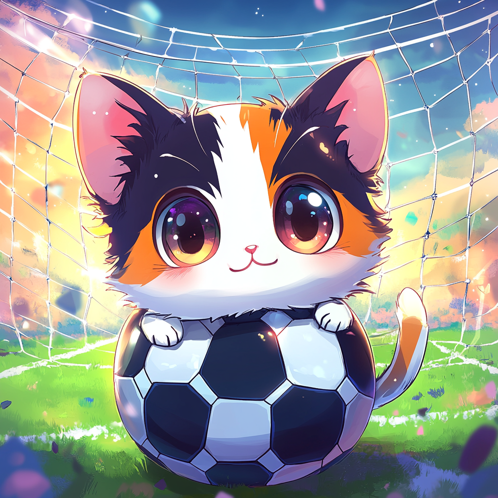 Chibi cat with soccer ball fur, playful eyes.