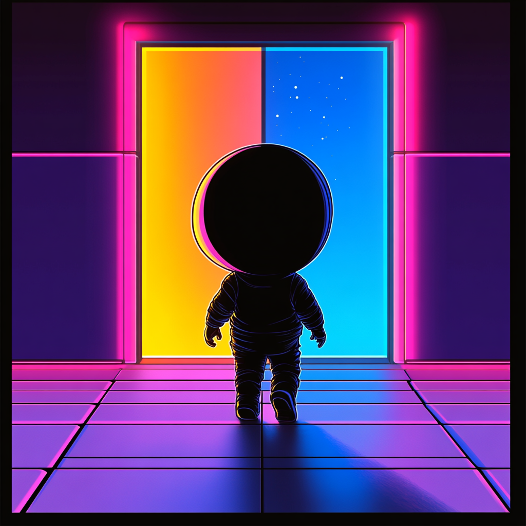 Chibi character silhouette walking through colorful door frame