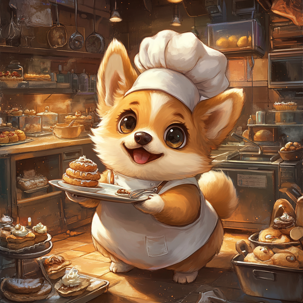 Chibi corgi in chef outfit with baked cookies.