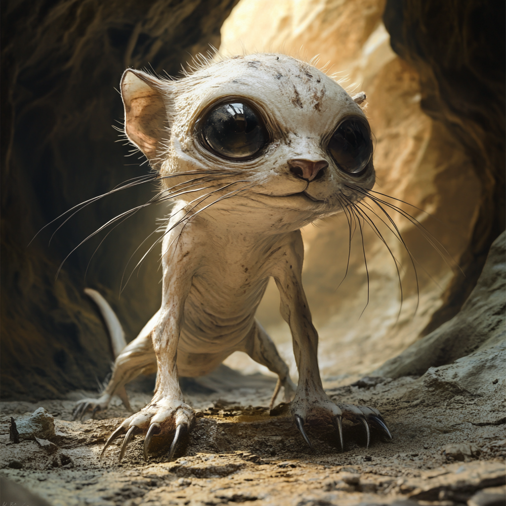 Chibi creature resembles hairless cat, mole in dark setting.