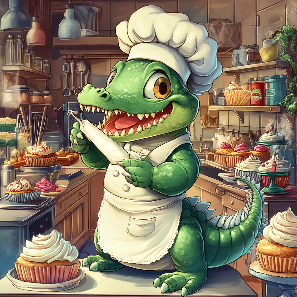 Chibi crocodile chef decorates cake in bakery kitchen.