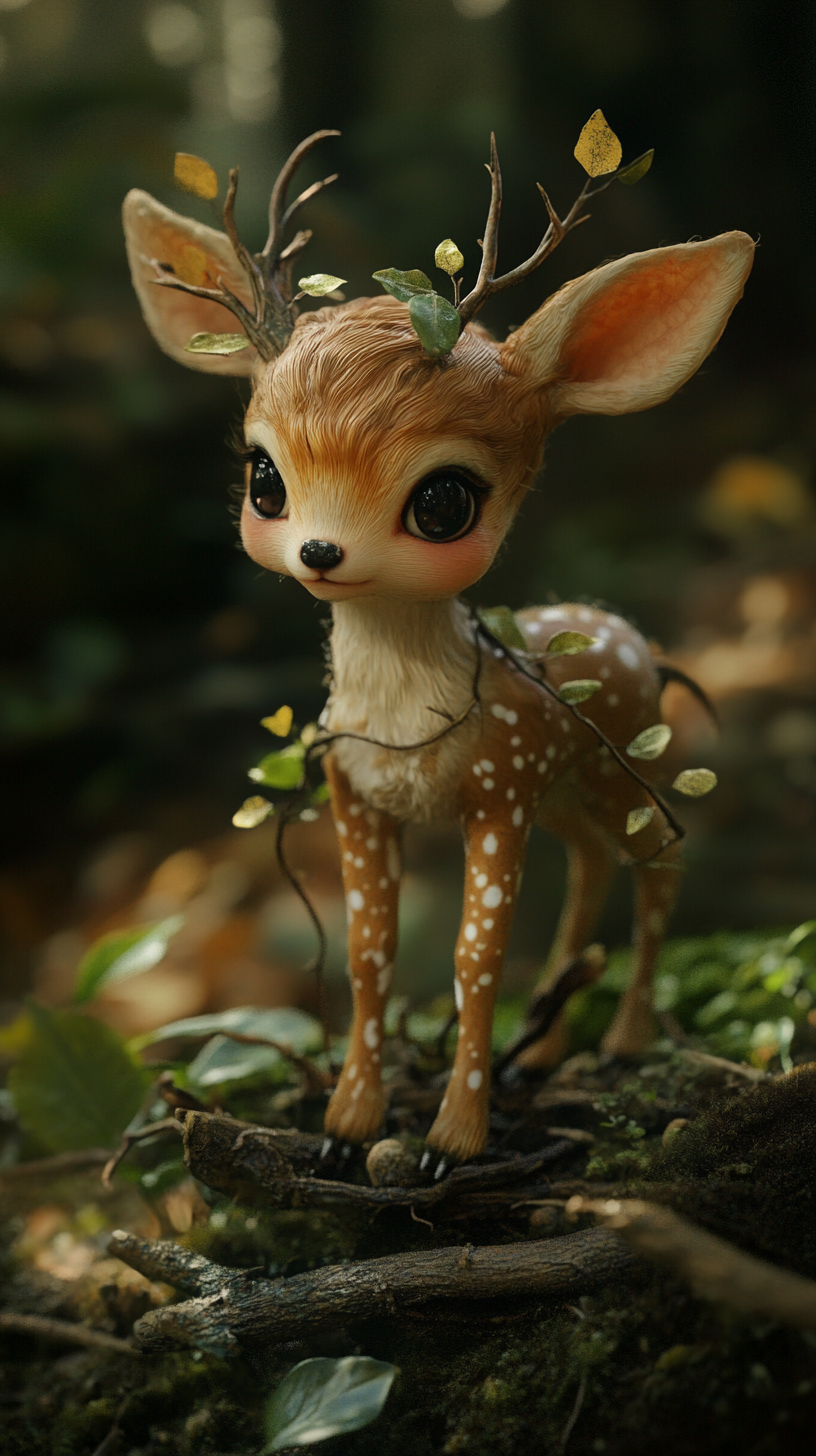 Chibi deer with earth powers, mossy legs emerging from ground.