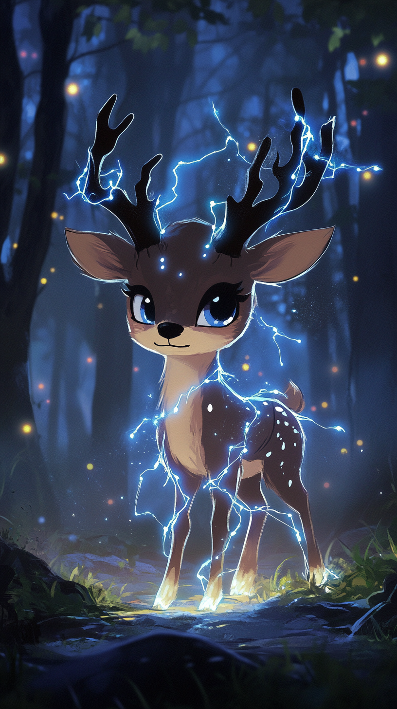 Chibi deer with lightning powers, sparking antlers, glowing eyes.