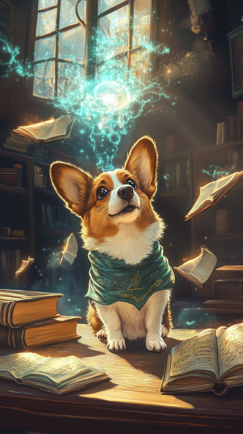 Chibi dog practices transfiguration in Hogwarts classroom.