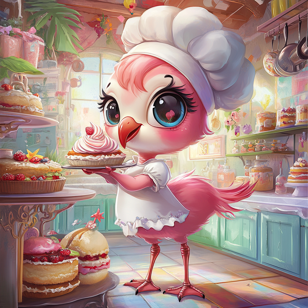 Chibi flamingo in chef attire decorates cake artistically.