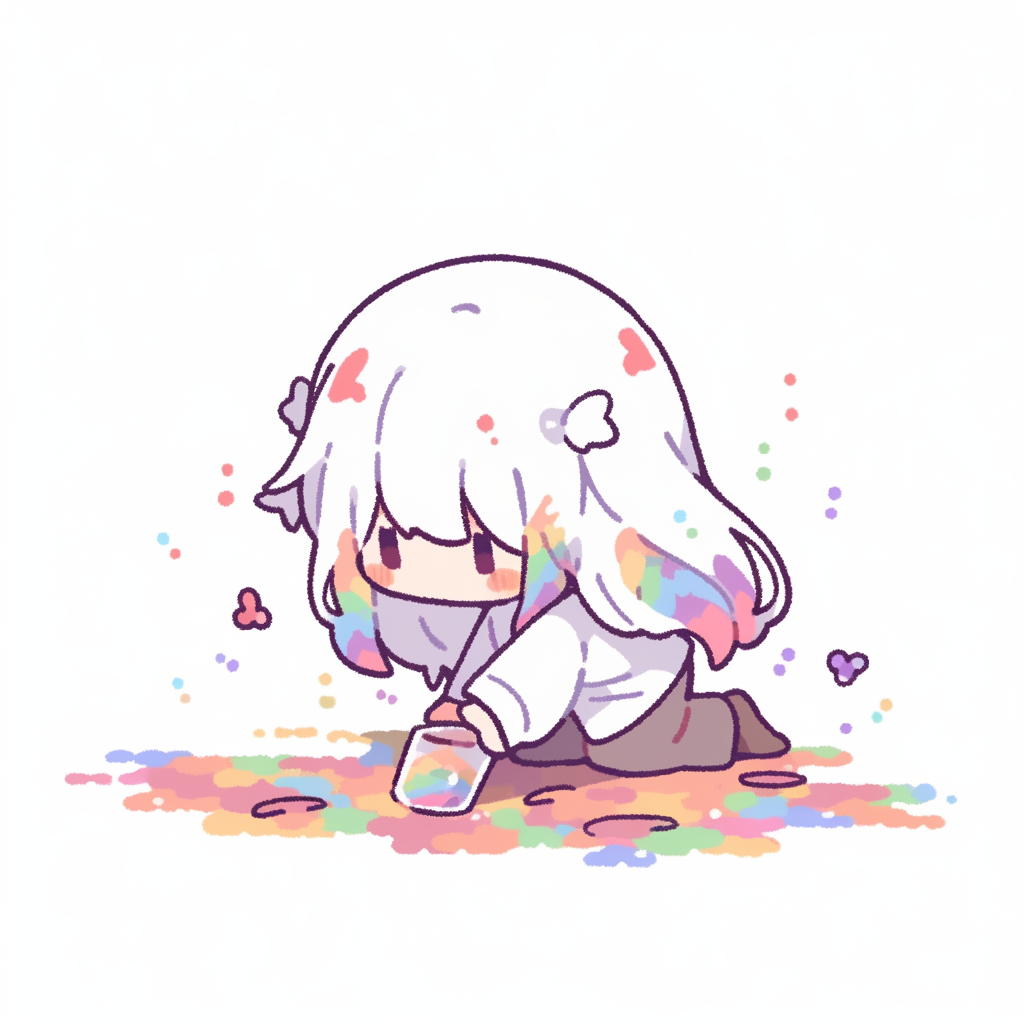 Chibi girl cries over spilled coffee in doodle style.