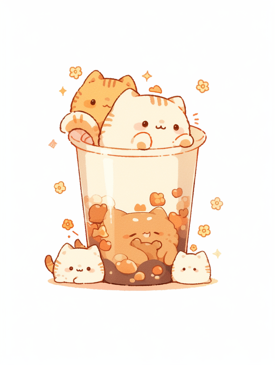 Chibi kitty enjoying a milk tea with tapioca balls.