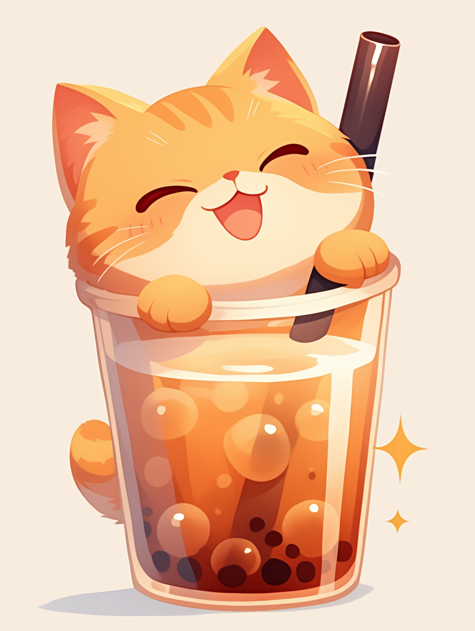 Chibi kitty enjoying milk tea with tapioca balls, cartoon.