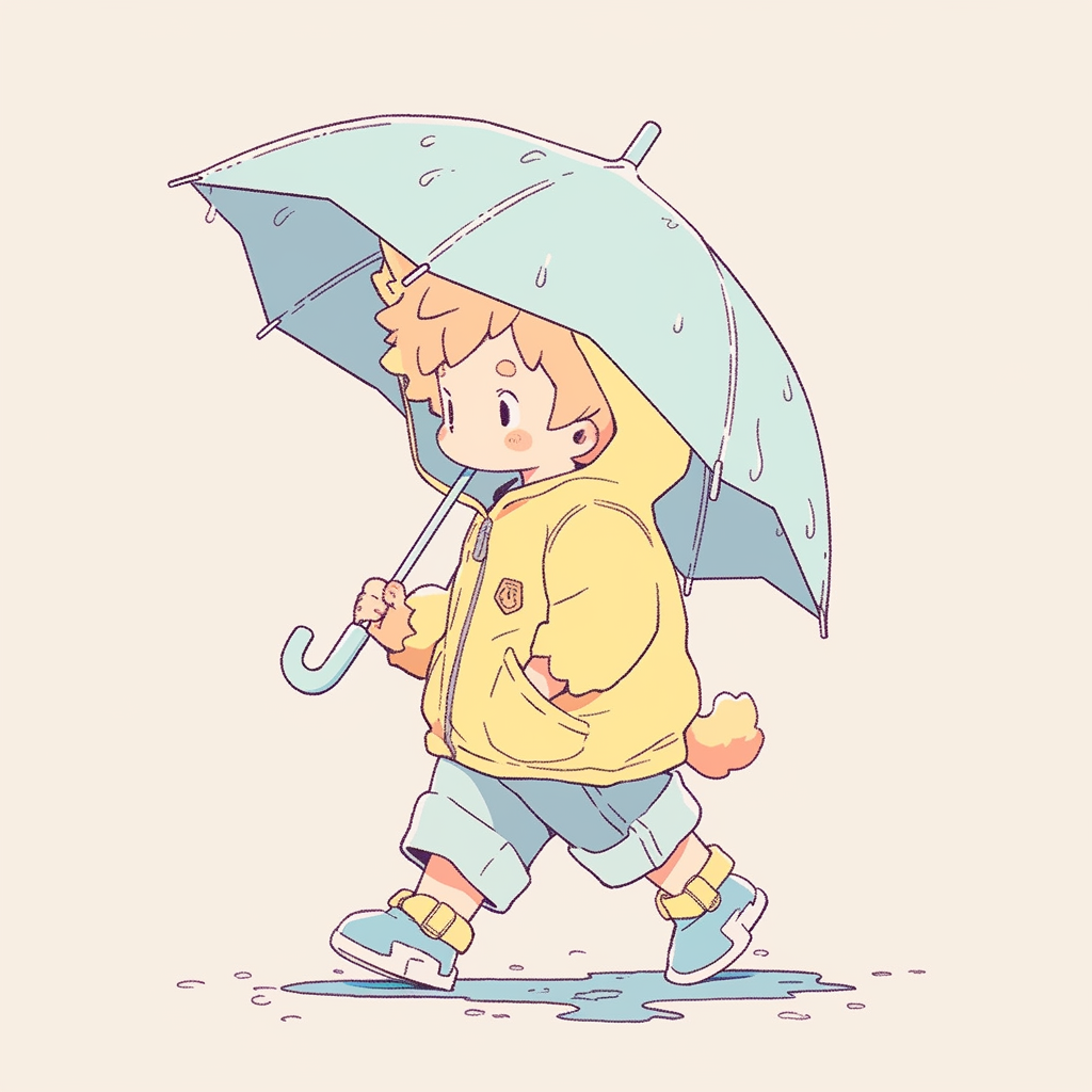 Chibi lion cub in raincoat and umbrella walking home.