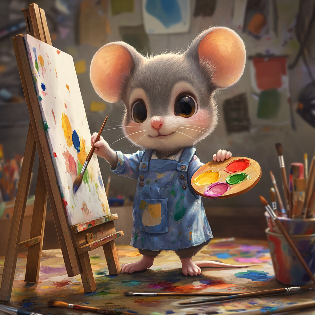 Chibi mouse artist painting colorful scene in studio.