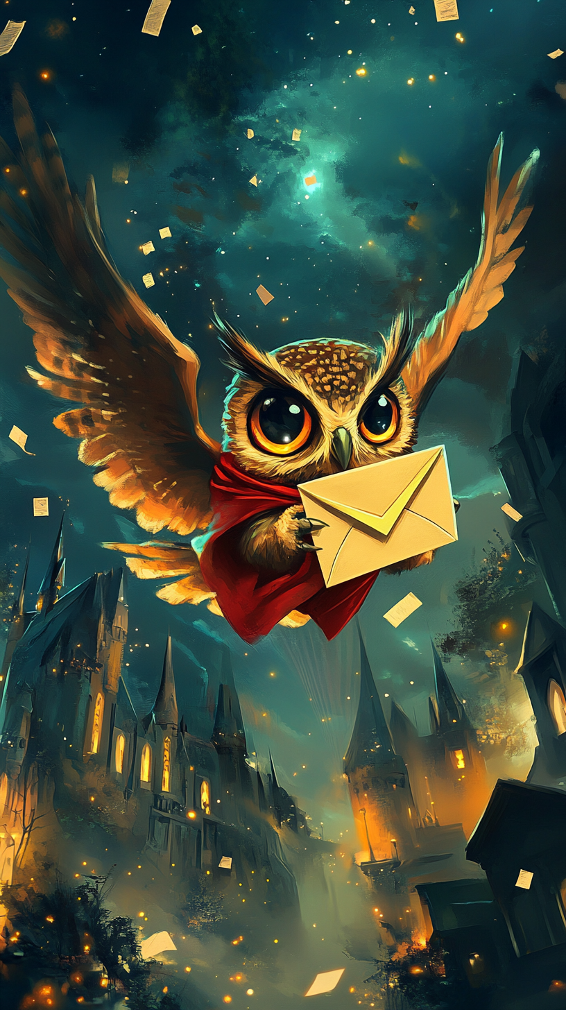 Chibi owl flying over Hogwarts castle with letter in beak.