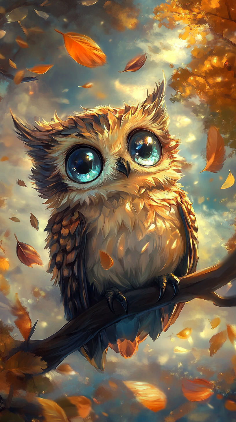 Chibi owl with wind powers, light feathers swirling gently.