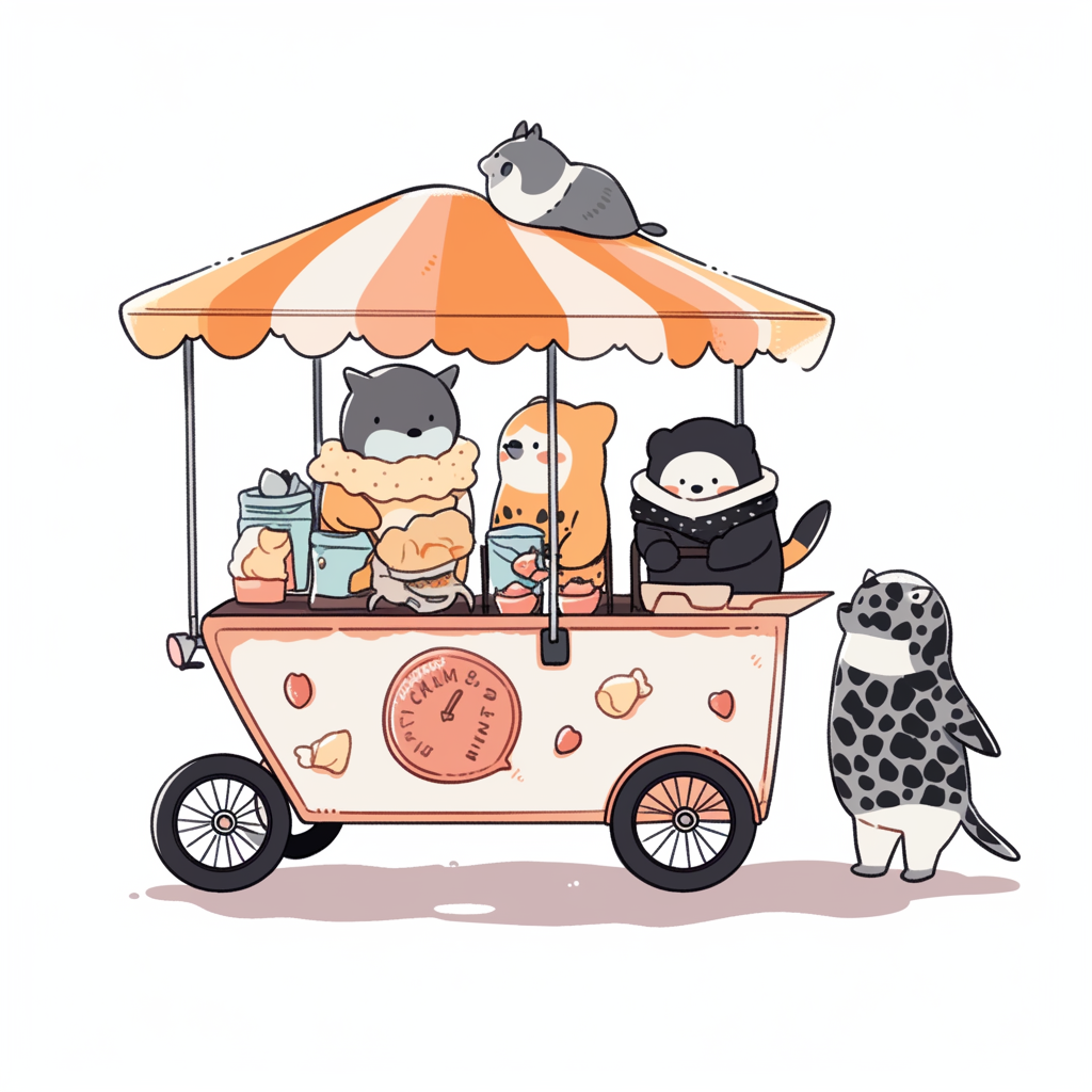 Chibi penguin serves ice cream to lion and leopard.