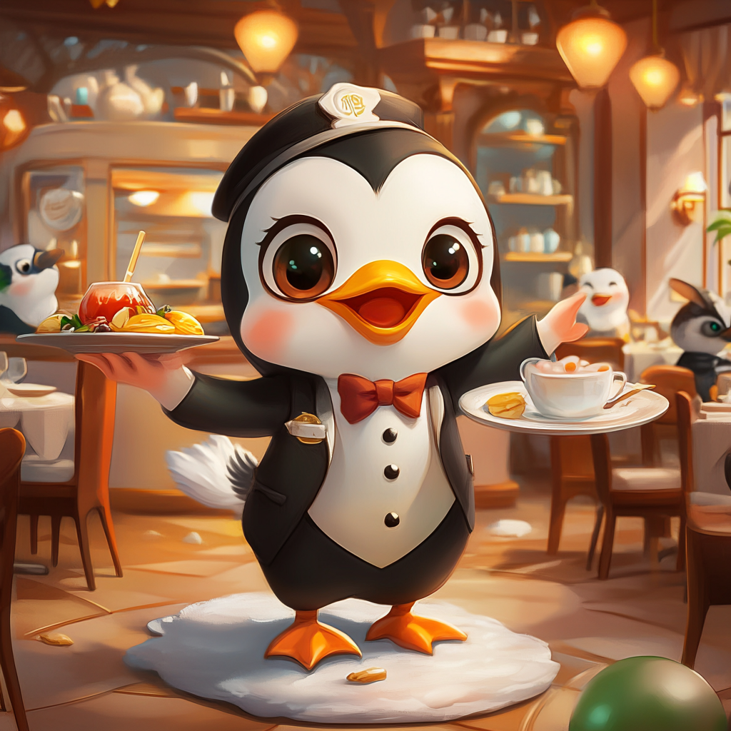 Chibi penguin waiter serves drinks and dishes gracefully.