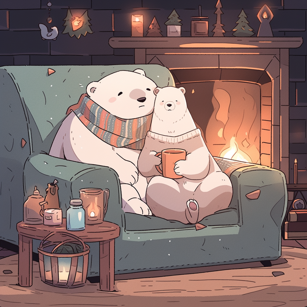 Chibi polar bear and cub watch movie with cocoa.