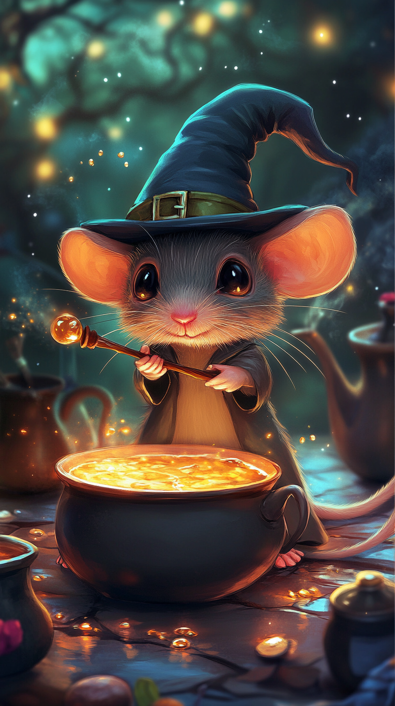 Chibi rat with magical accessories explores potion lab.