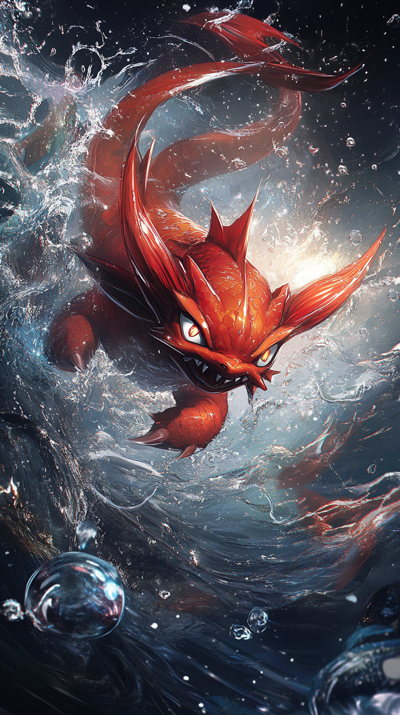 Chibi red Gyarados in glowing water with mystical aura.