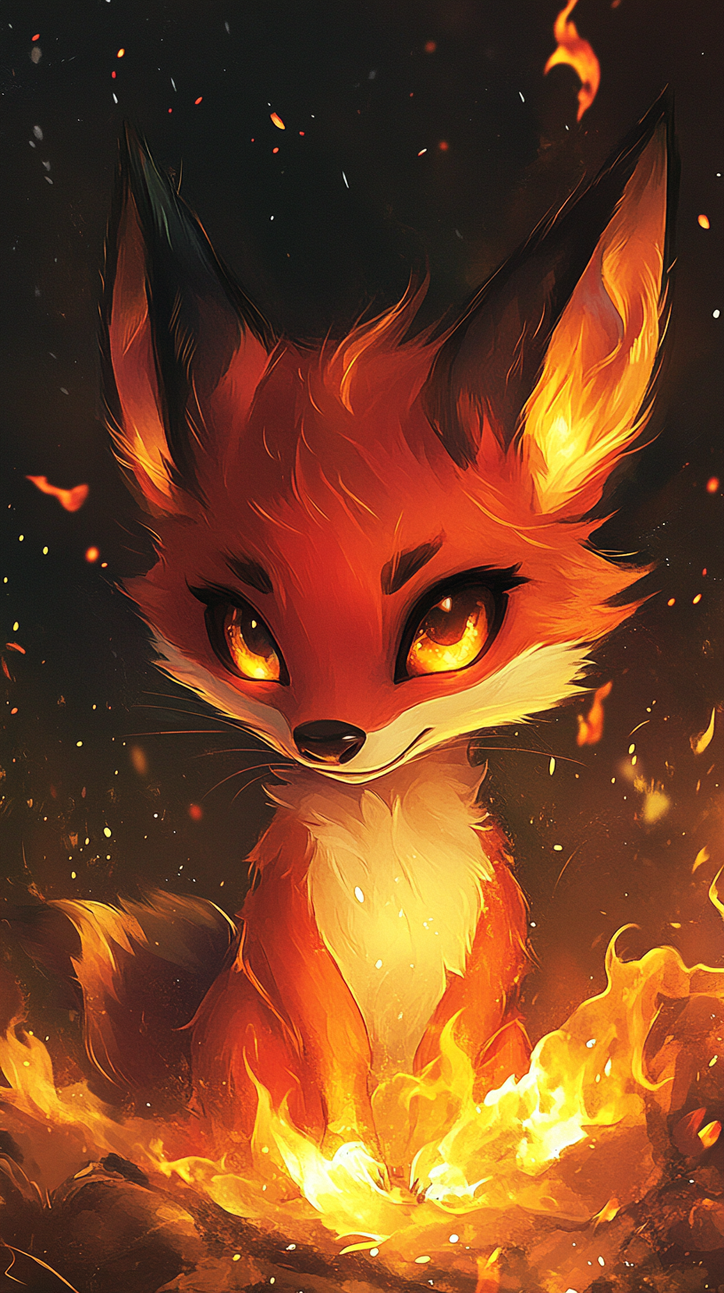 Chibi red fox with fiery powers, eyes like flames.