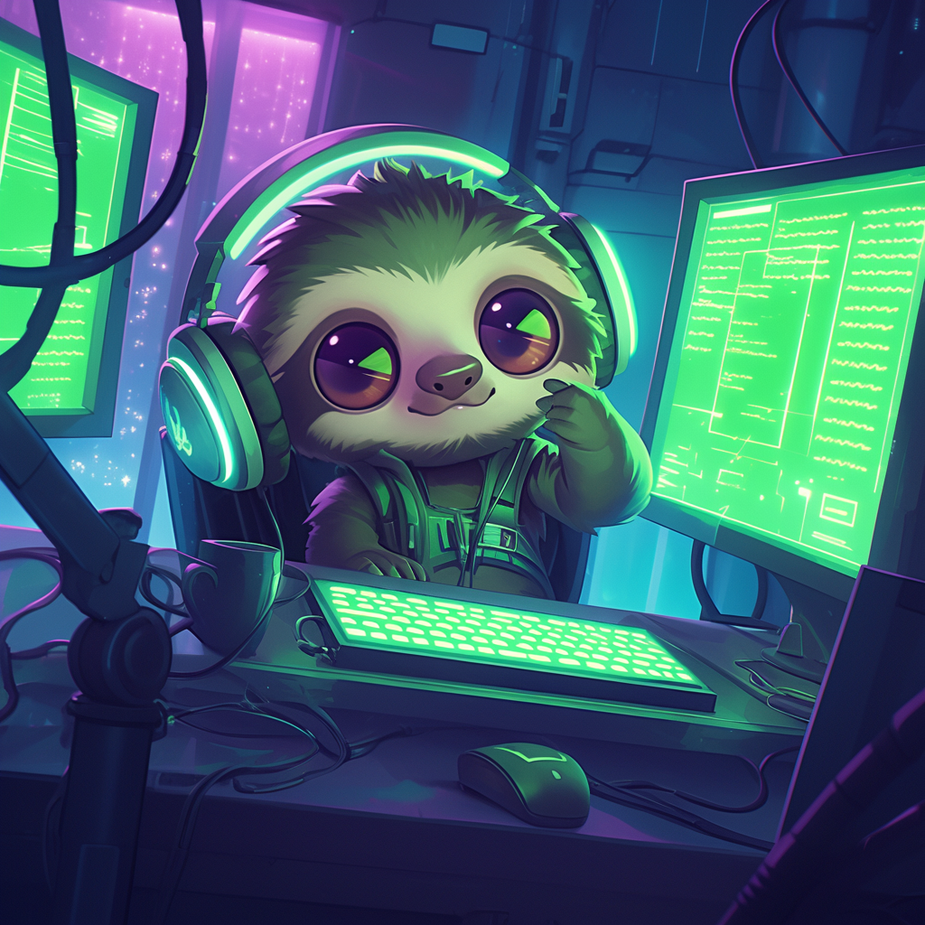 Chibi sloth hacker in headphones at computer, glowing screens.