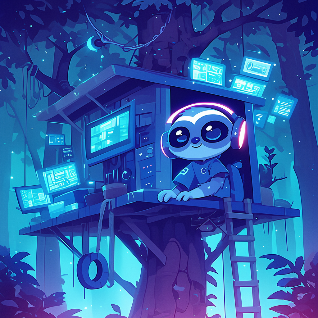 Chibi sloth hacker in tech treehouse with neon lights.