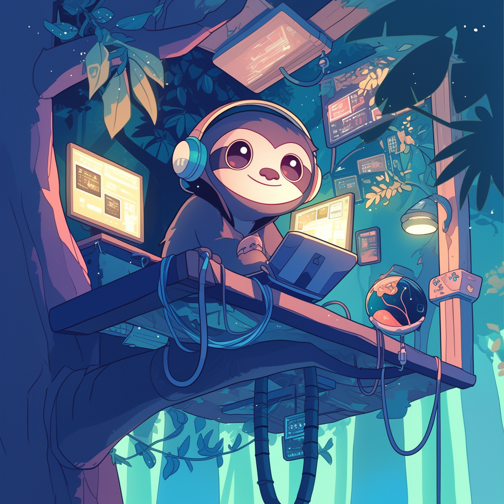 Chibi sloth in hoodie and headphones hacking in treehouse.