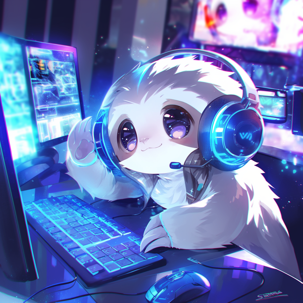 Chibi sloth with headphones, hacker aesthetic, glowing screens.