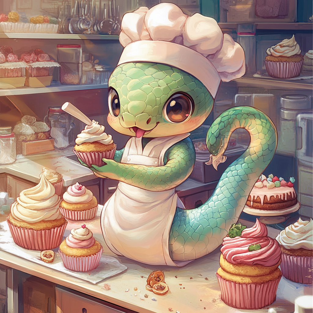 Chibi snake, chef outfit, baking in cute kitchen.