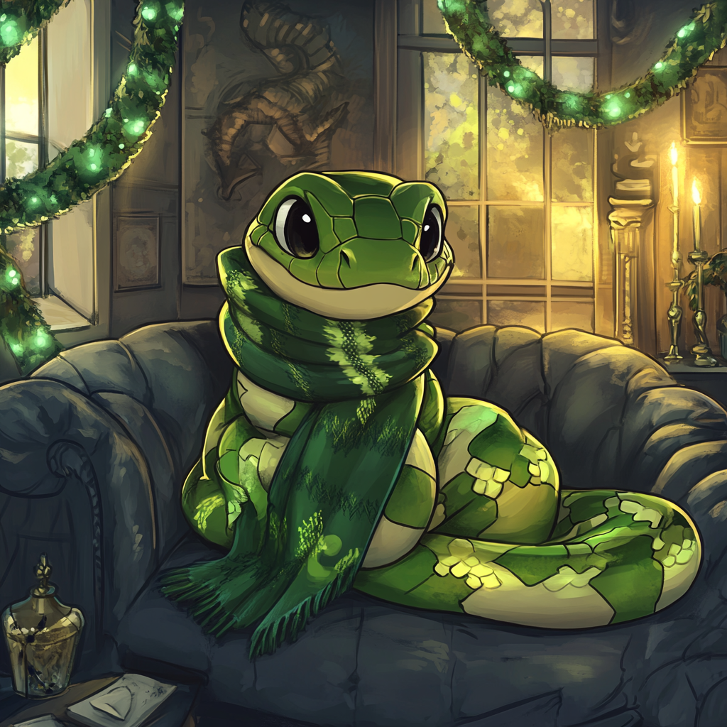 Chibi snake at Slytherin common room wearing Hogwarts scarf.