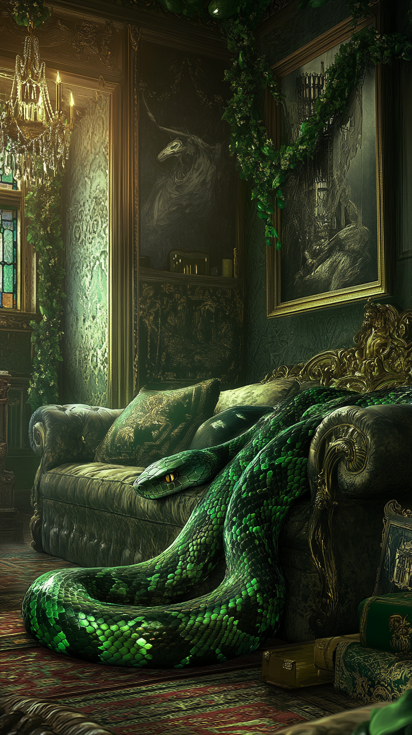 Chibi snake in Slytherin common room on couch.