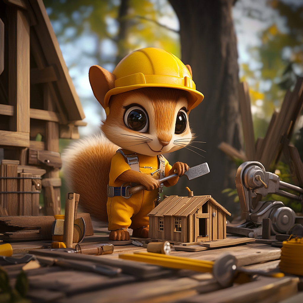 Chibi squirrel engineer building wooden cabin with tools.