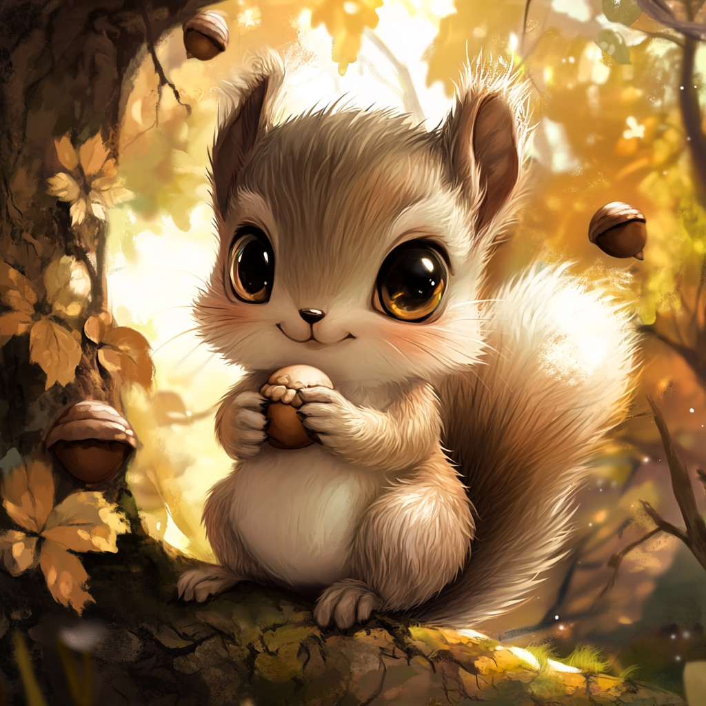 Chibi squirrel with fluffy fur, big bushy tail