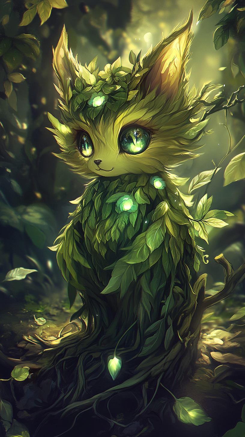 Chibi squirrel with natural powers, leaf-flecked fur, emerald eyes. Roots, vines, petals surround. Forest background, 8K quality.