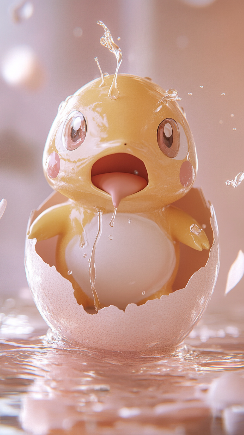 Chibi-style Psyduck emerging from cracked egg in pastel tones.