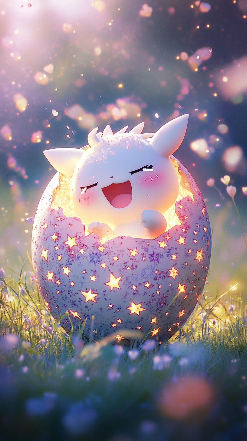 Chibi-style Togepi hatching from decorated, glowing egg in meadow.