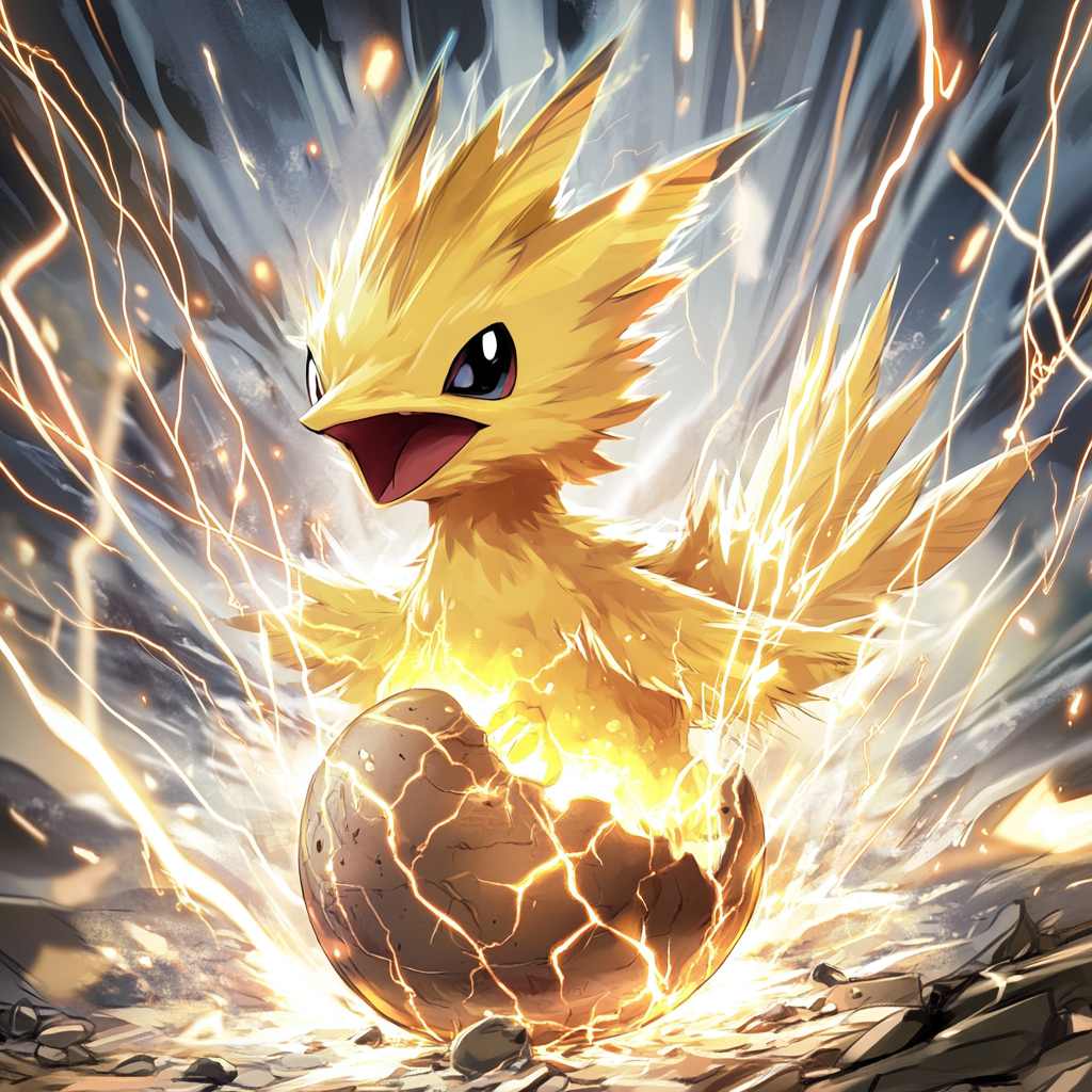 Chibi-style Zapdos emerging from cracked egg surrounded by storm