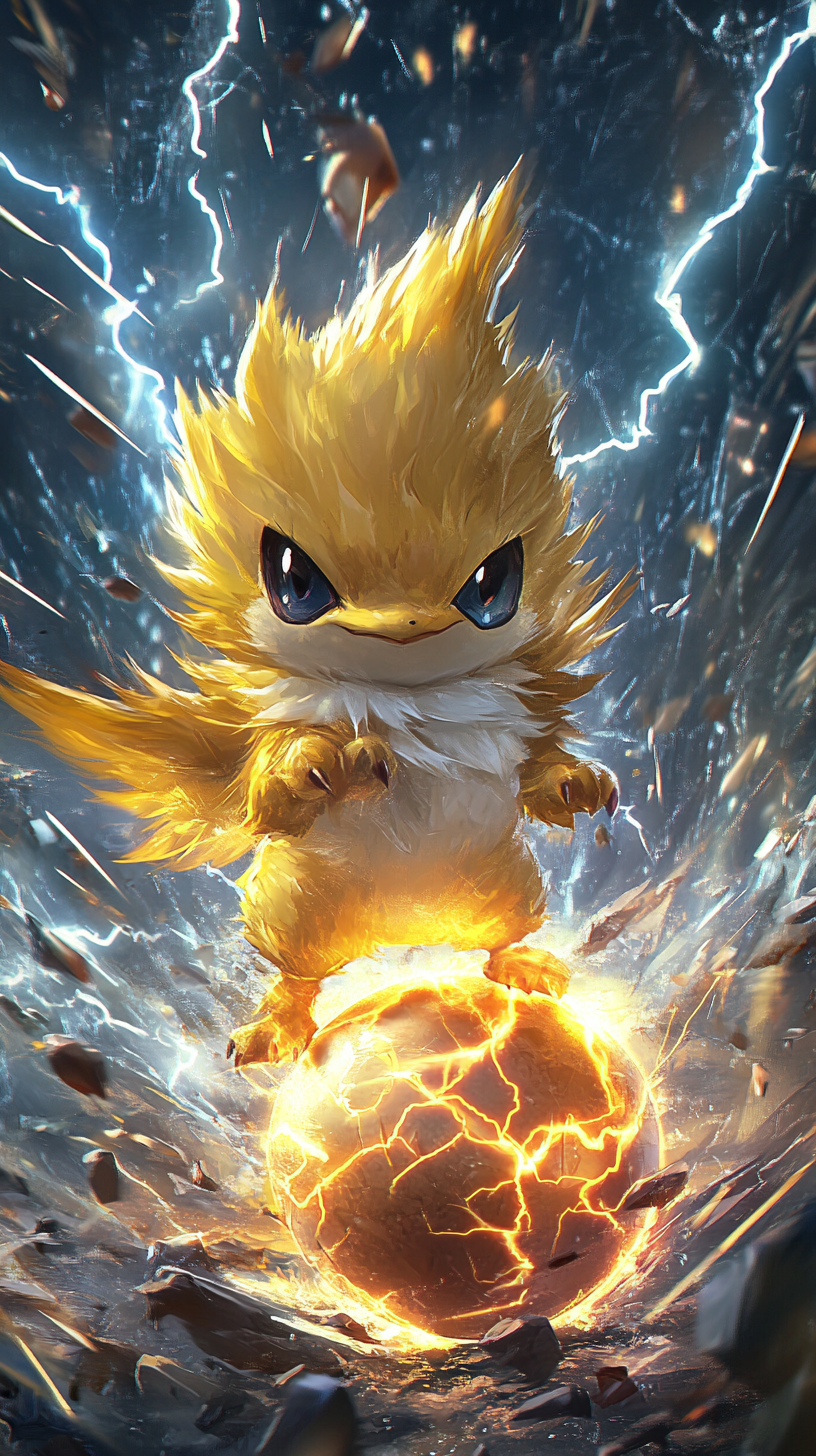 Chibi-style Zapdos hatching from lightning-charged egg in storm.