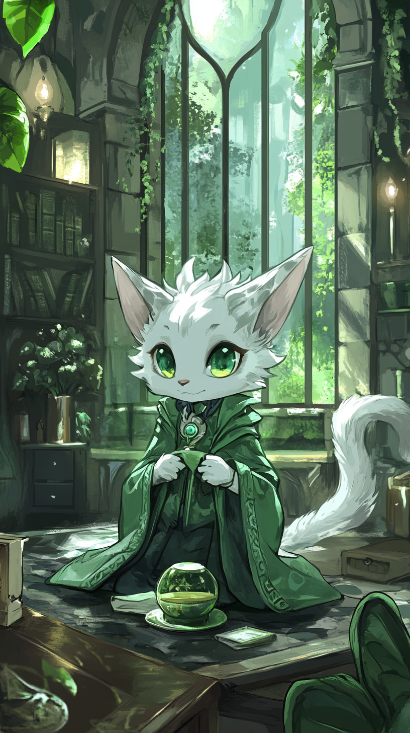 Chibi-style animal in Slytherin robe, lounging confidently.