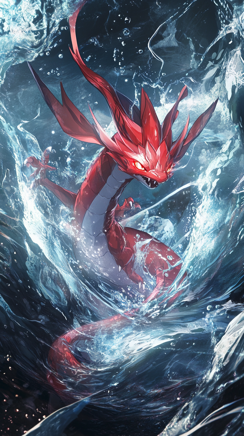 Chibi-style red Gyarados emerging from enchanted water vortex.