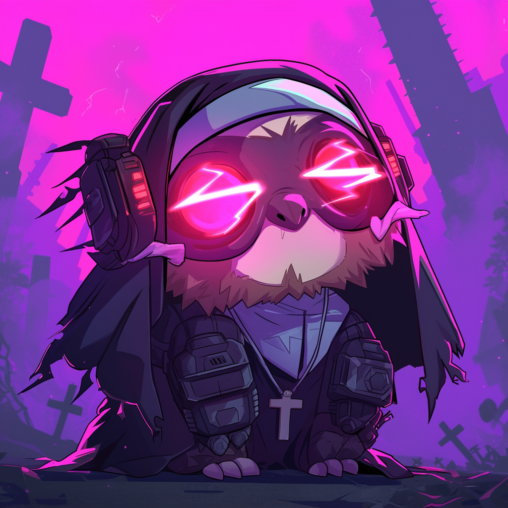 Chibi-style sloth Halloween hacker in spooky church.