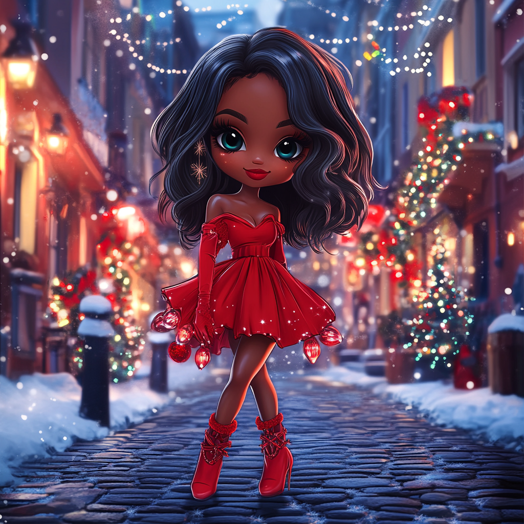 Chibi style woman in red dress at Christmas