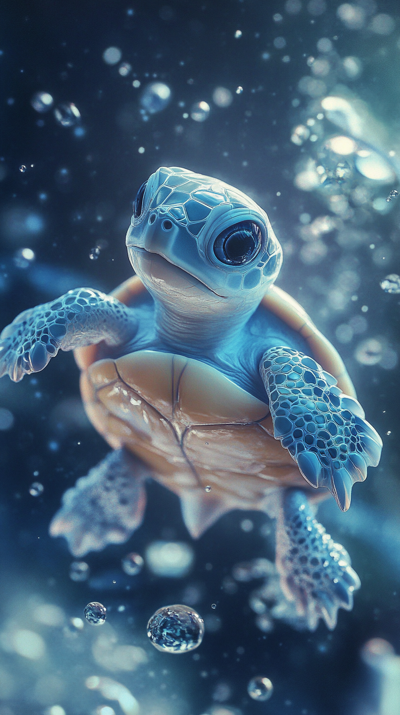 Chibi tortoise with water powers, sparkling shell like a crystal lagoon, surrounded by miniature waves.