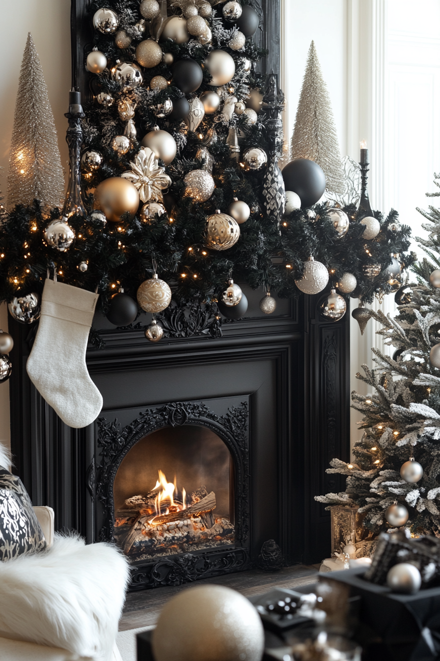 Chic Black and White Holiday Decor Fireplace