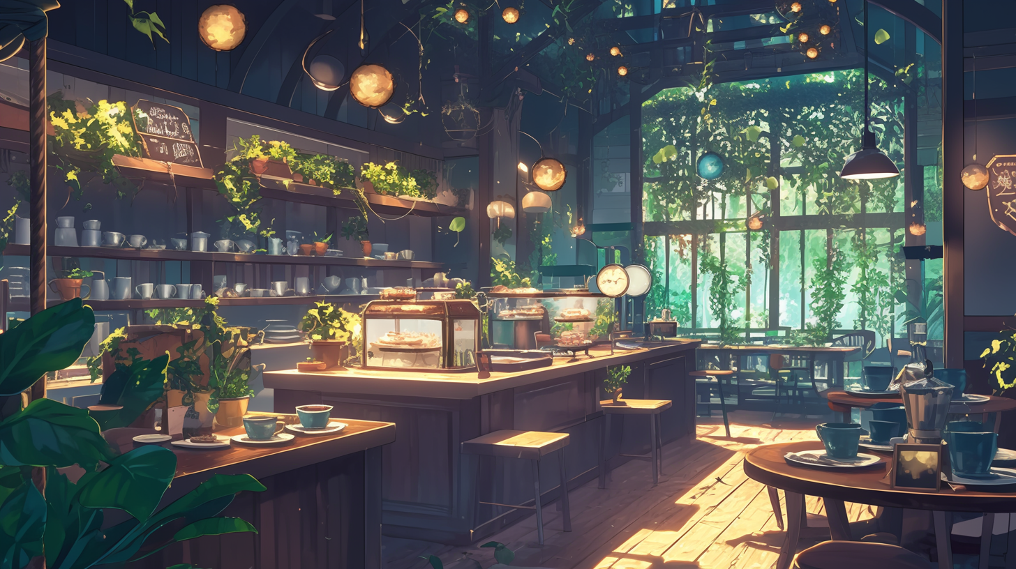 Chic Coffee Shop Interior with Greenery and Pastries