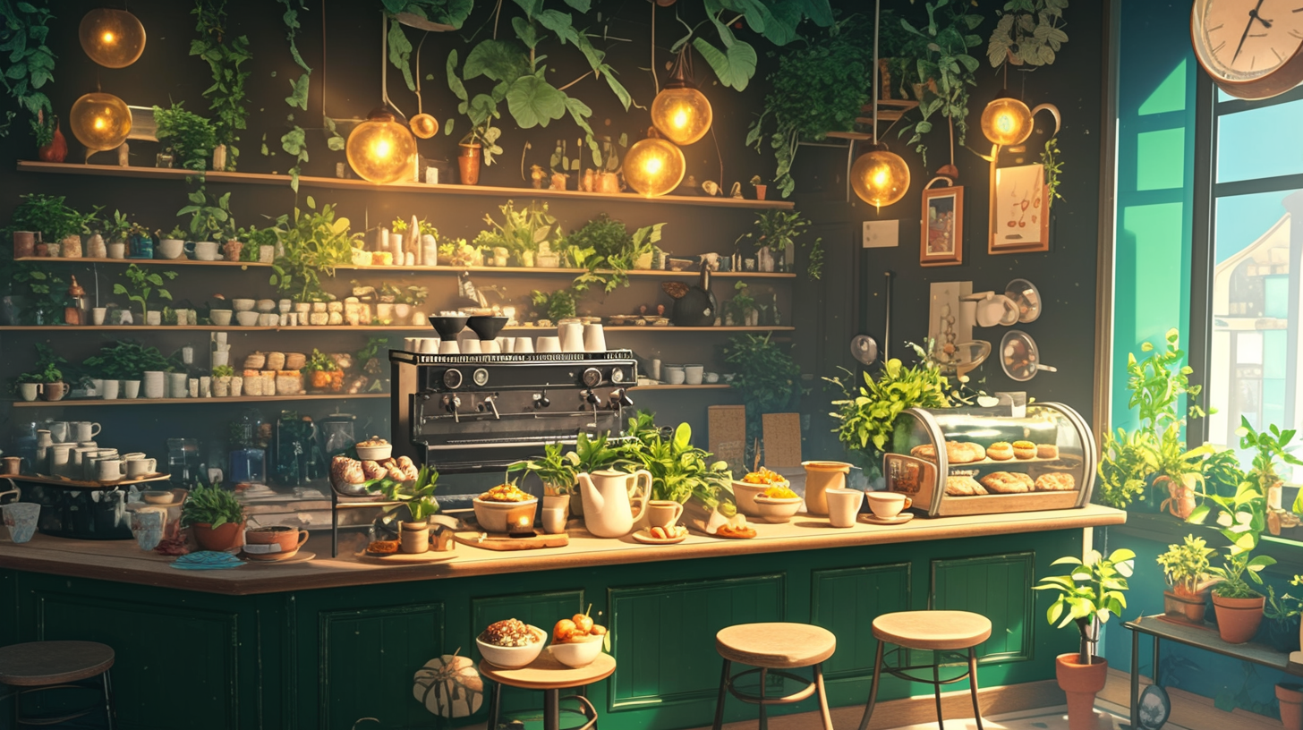 Chic and Modern Coffee Shop Interior with Greenery