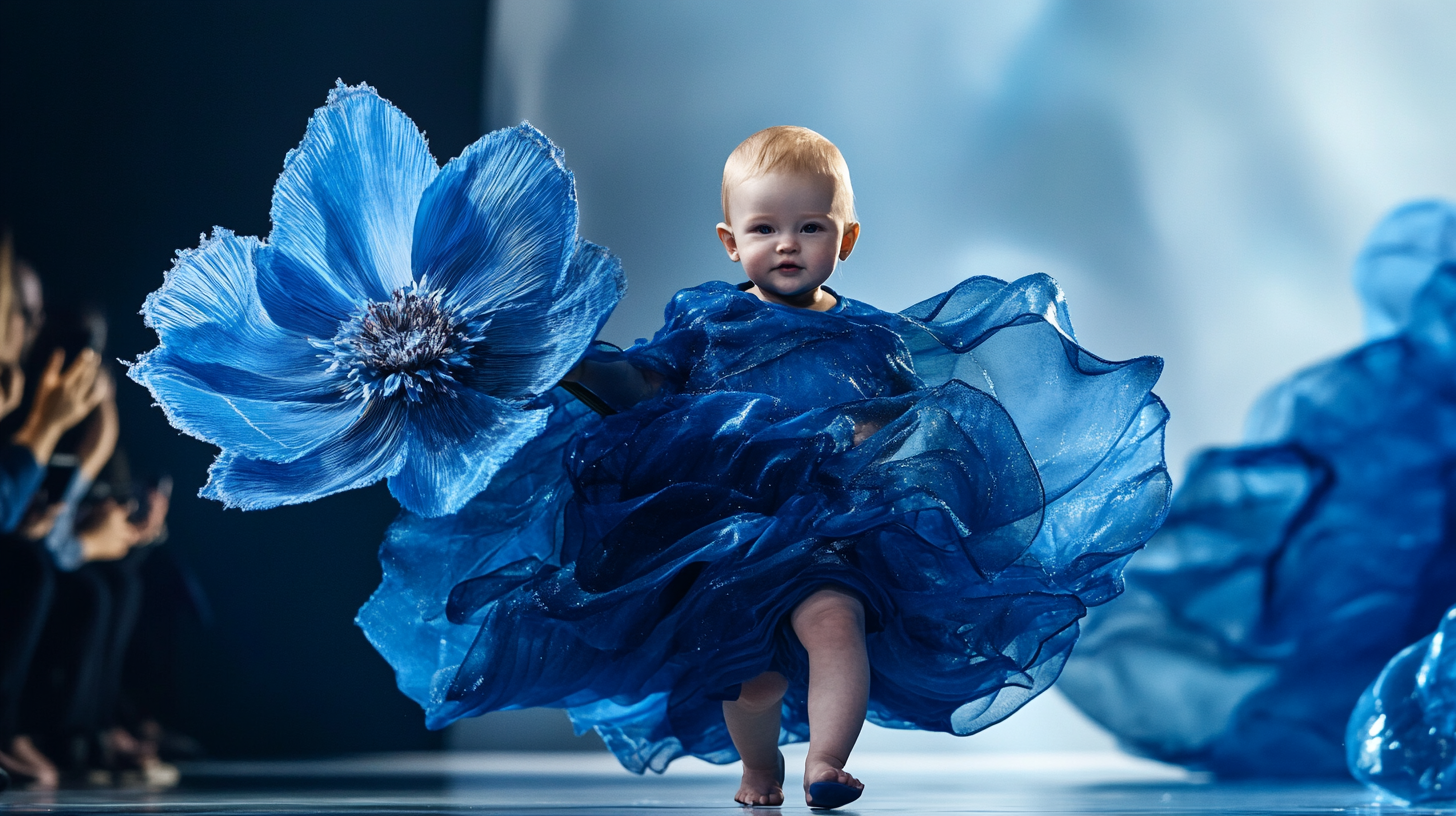 Chic baby struts in blue flower fashion show.