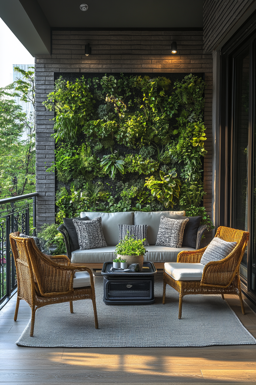 Chic balcony with stylish furniture, vertical garden wall.