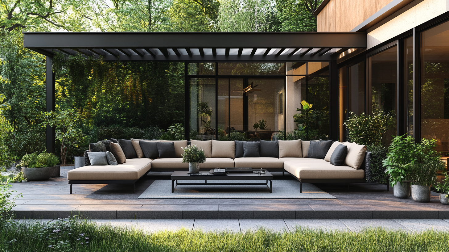 Chic patio with modern furniture, metallic frames, minimalistic planters.