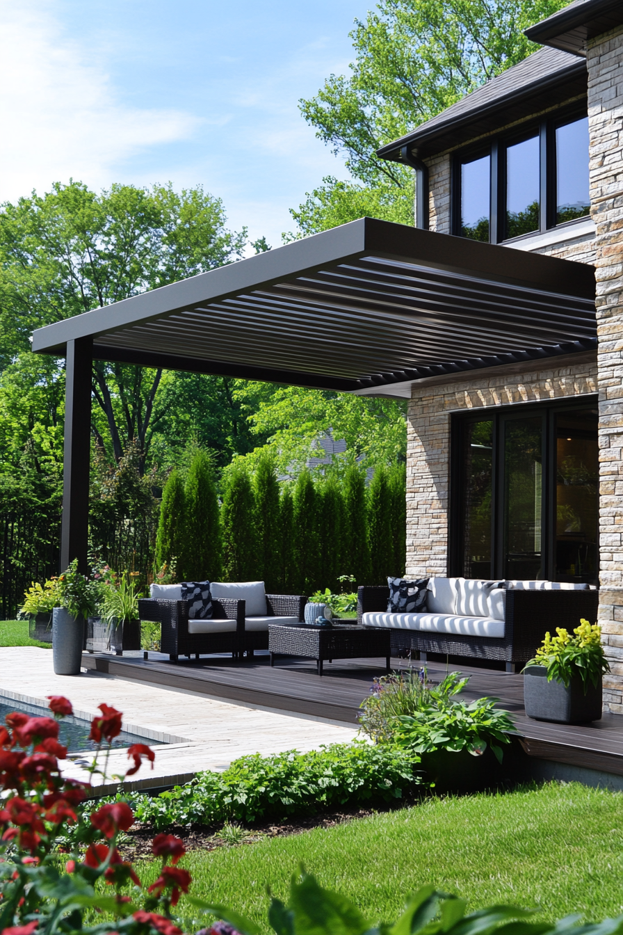 Chic patio with modern furniture and metallic frames